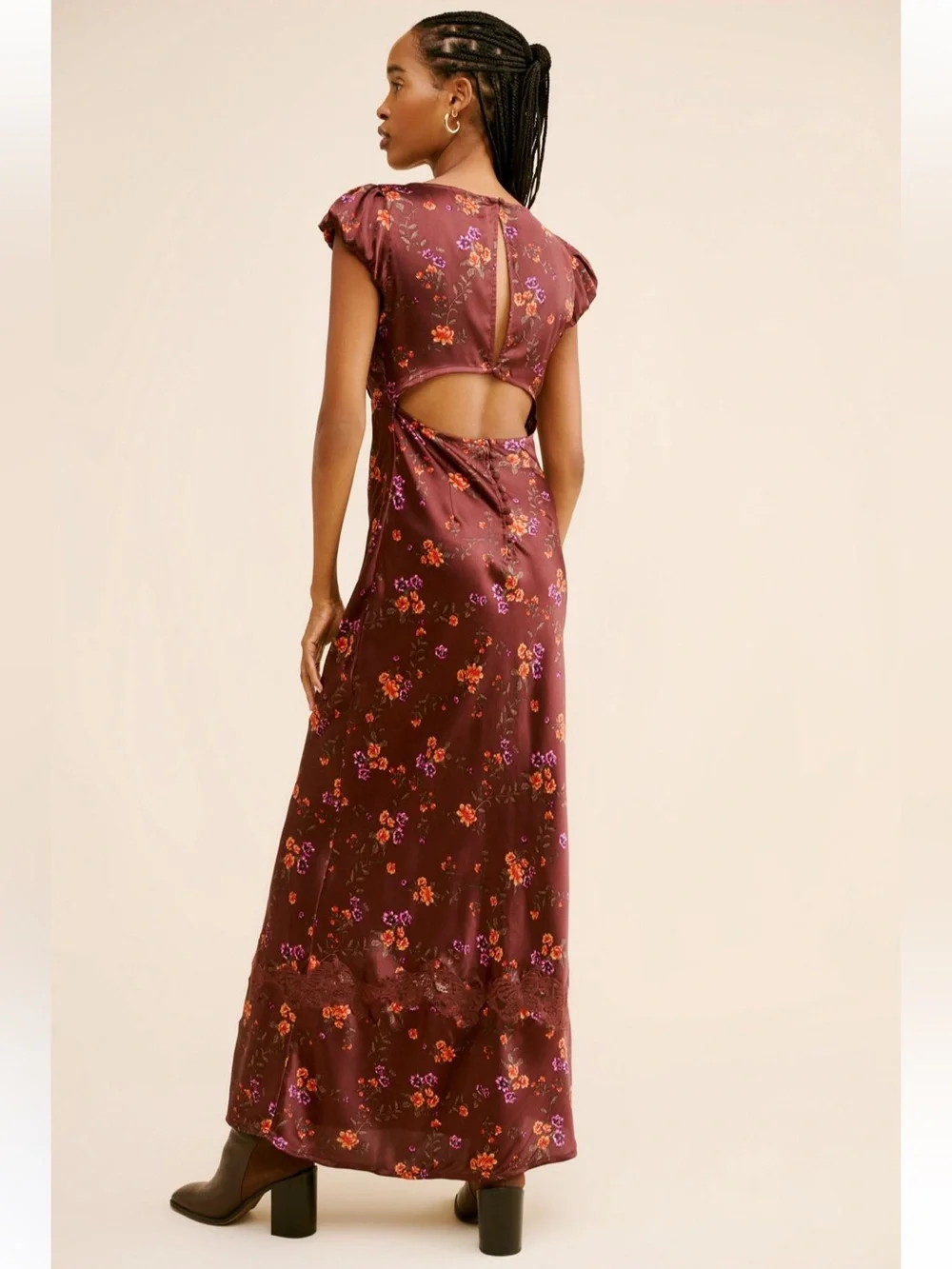 Free People Butterfly Babe Burgundy Floral Lace-Trim Maxi Dress